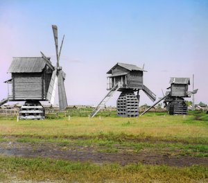 Molinos de viento en el distrito de Ialutorovsk de la provincia de Tobolsk, Imperio Ruso, 1912 de Sergey Prokudin Gorsky